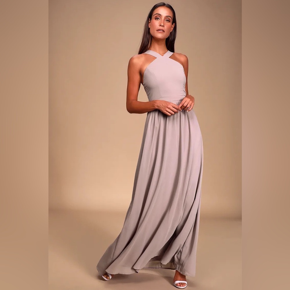 Taupe Lulu’s Bridesmaid Maxi Dress, Size Small Air of Romance
